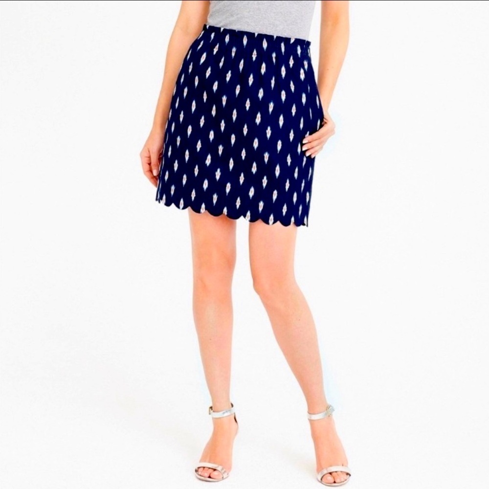 J.Crew J0889 navy linen blend Ikat print scalloped hem skirt